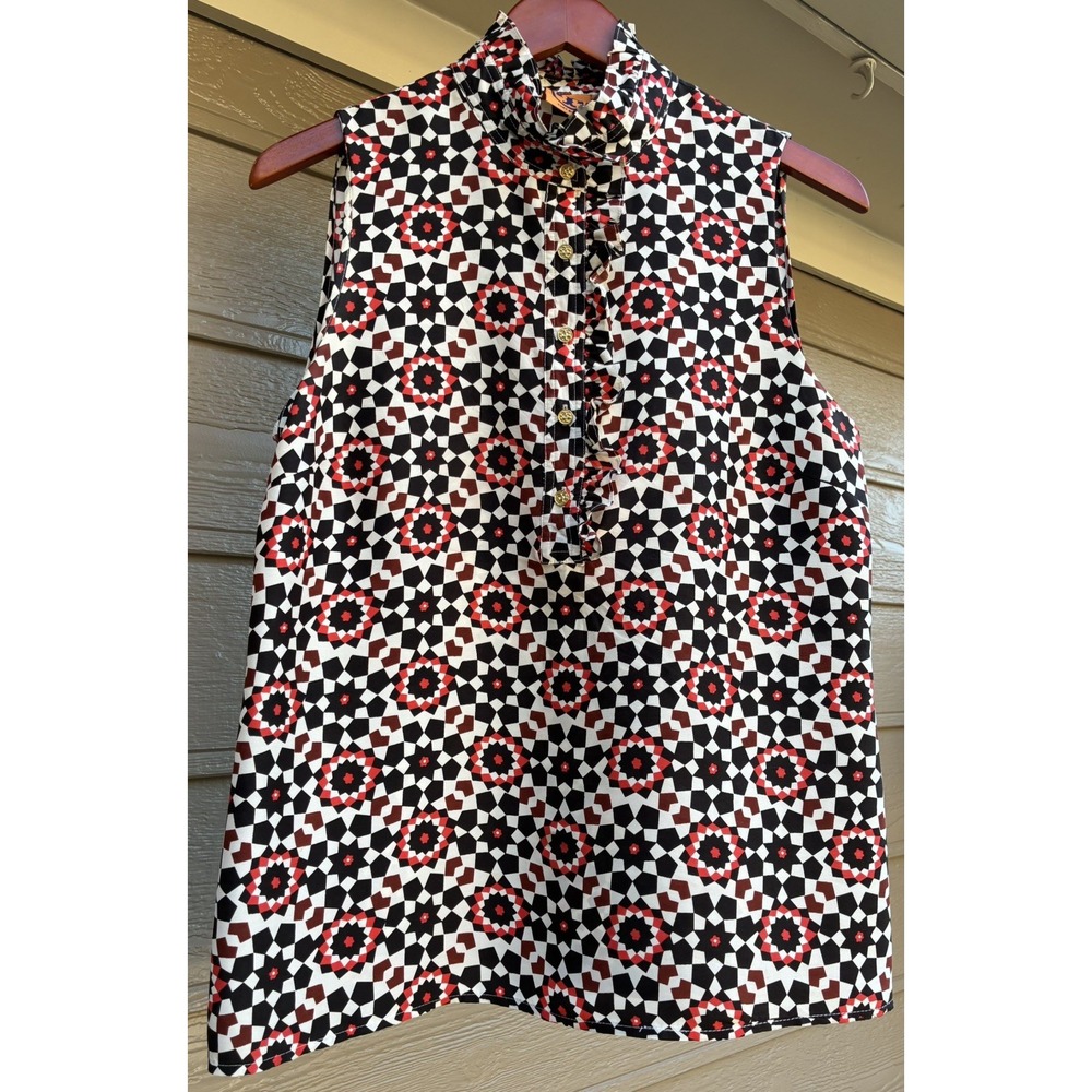 Tory Burch 100% Silk Ruffle Button Sleeveless Top Sz 10 Preppy Designer Classic
